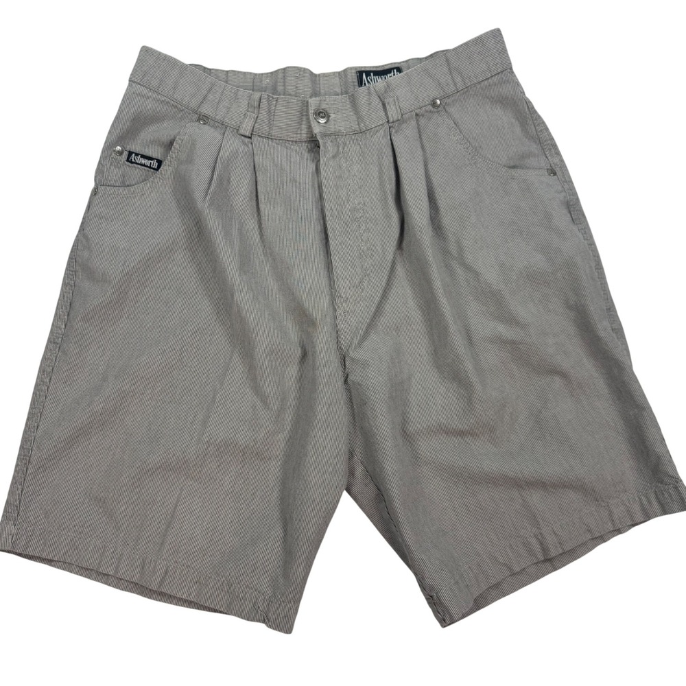 Ashworth Mens Golf Shorts Grey White Micro Stripe Pleated Front Size 34 Vintage